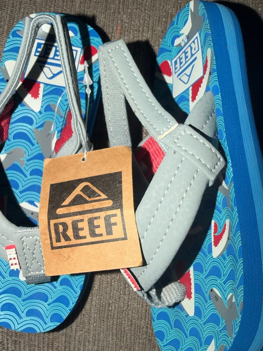 Reef Kids Shark Wave Flip Flops - Blue, Gray & Red size 5/6 toddler-NwT